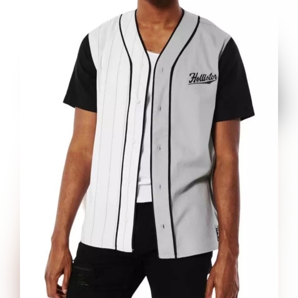 Hollister Men's Colorblock Split Pinstripe Baseball Jersey Streetwear Shirt XXL